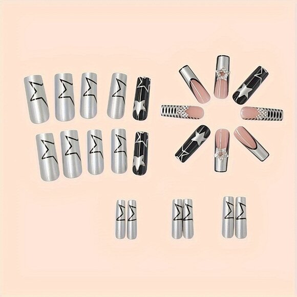 24pcs Chic Silvery Glossy Press-On Nails Set with 3D Heart & Star Accents - Picture 5 of 5